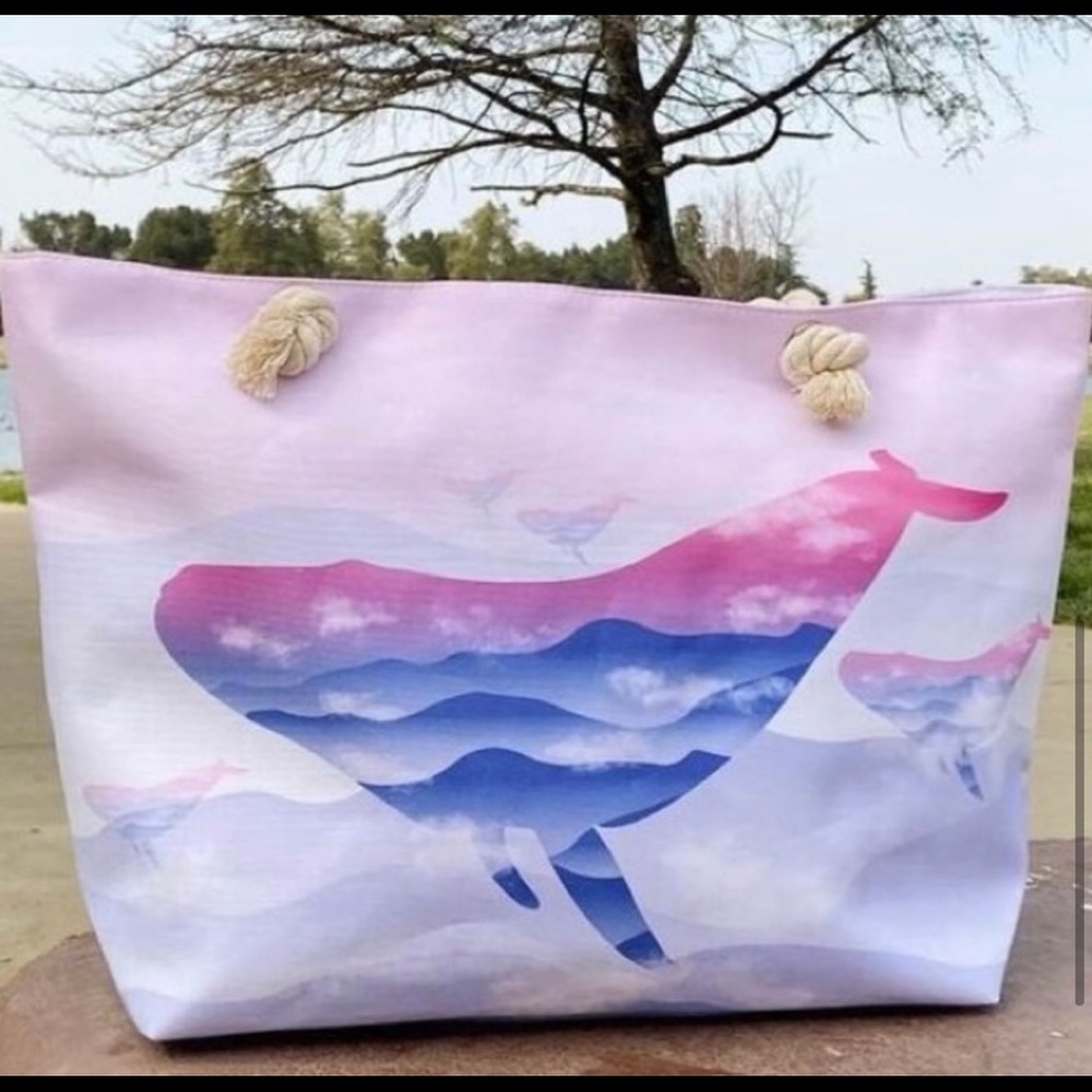 New! Ombré Ocean Whale Rope Handle Tote Travel Bag Beach with pocket - Picture 6 of 12